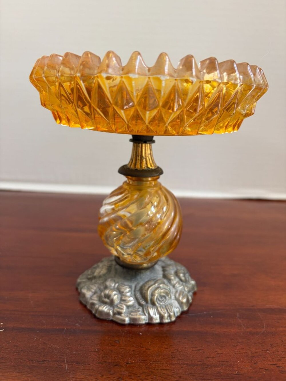 Vintage Amber Compote Candy Dish Featuring a Diamond Point Rim and Metal Base